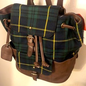 Green Plaid & Faux Leather Backpack Shoulder Bag